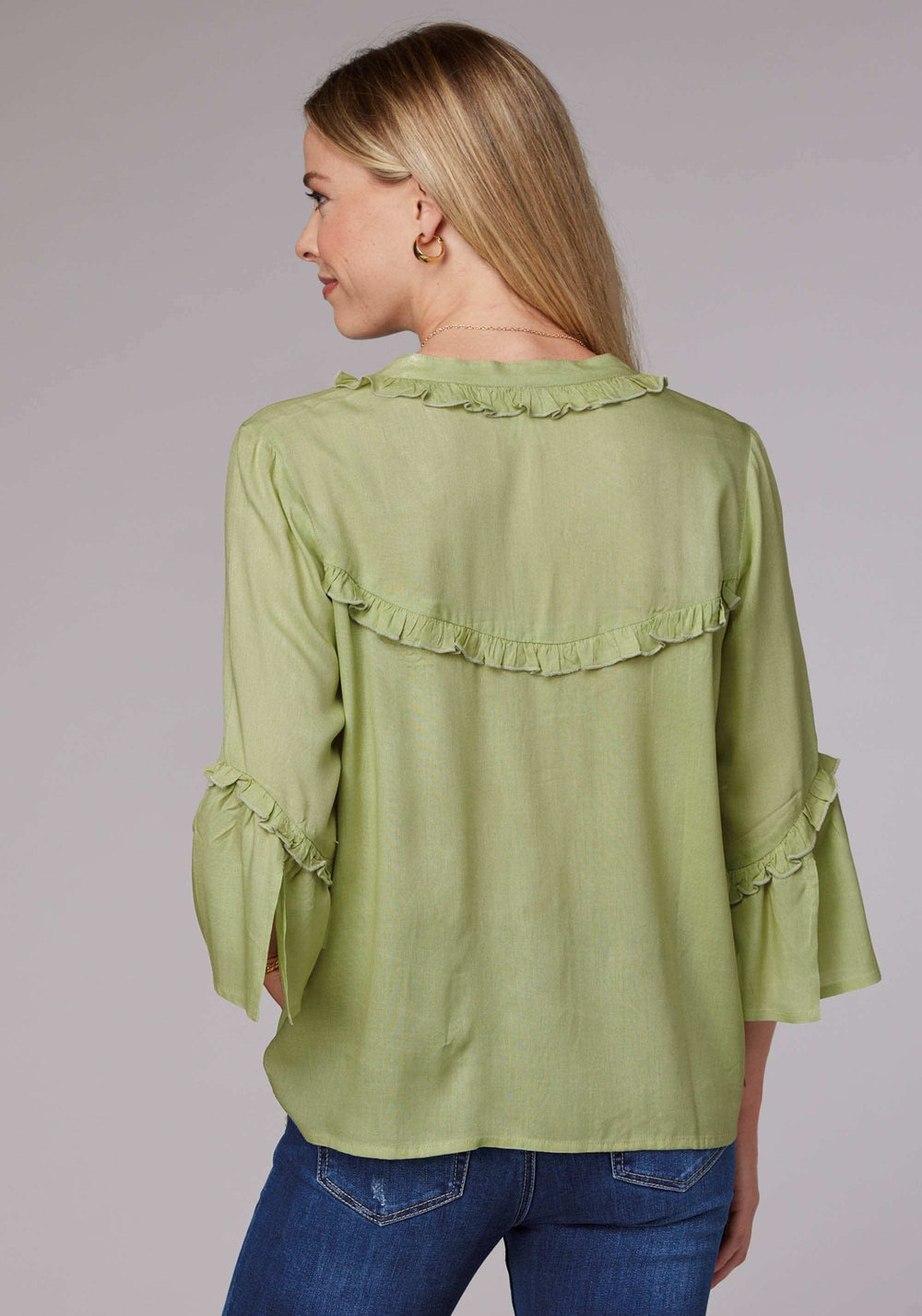 Roper Womens Long Sleeve Button Lime Green Rayon Challis Western Blouse With Ruffle Detail Elbow Length Bell Sleeve - Roper - Flyclothing LLC