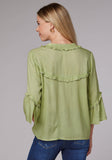 Roper Womens Long Sleeve Button Lime Green Rayon Challis Western Blouse With Ruffle Detail Elbow Length Bell Sleeve - Roper