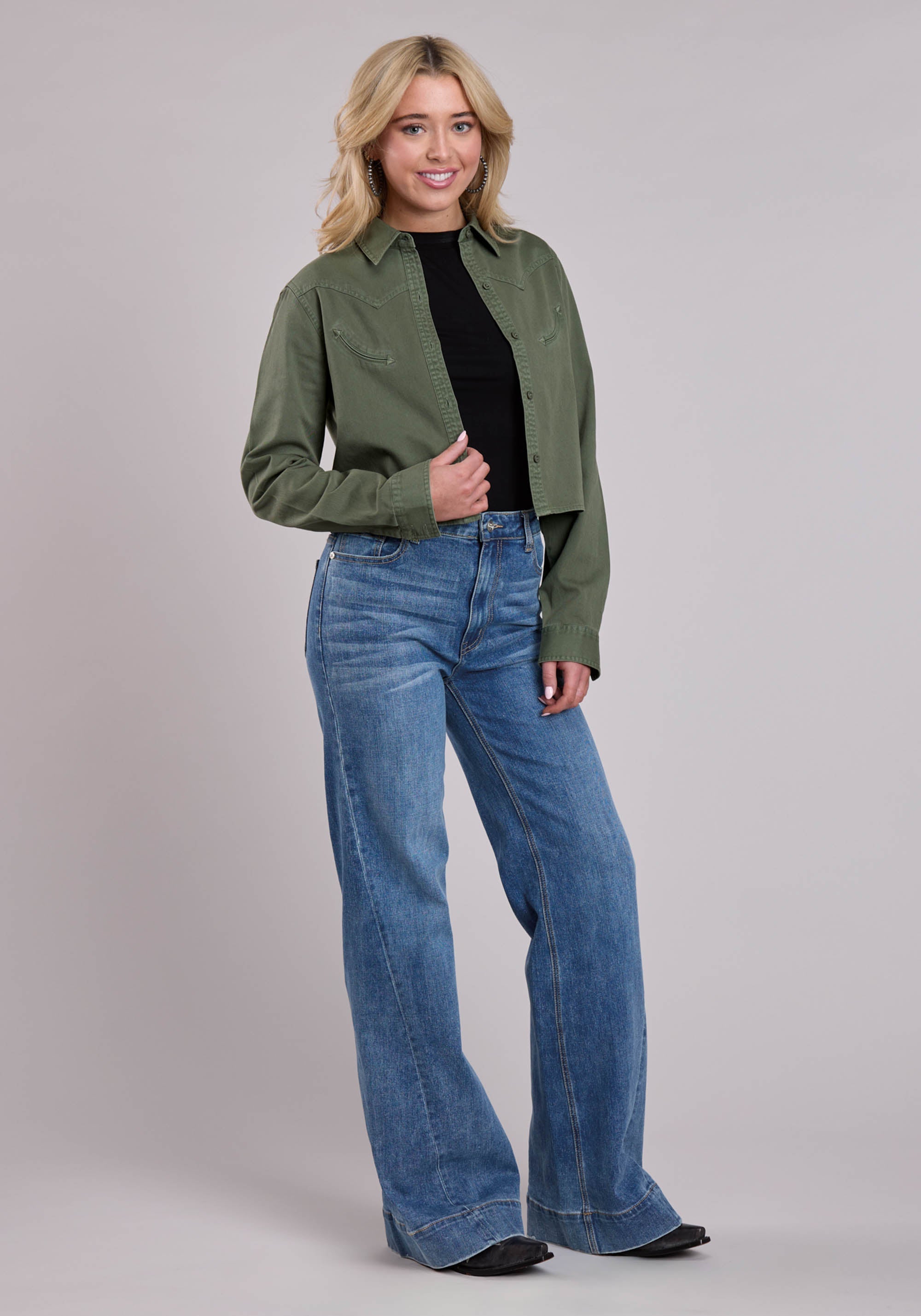 Roper Womens Long Sleeve Button Loden Pigment Dyed Wester Shirt Western Shirt
