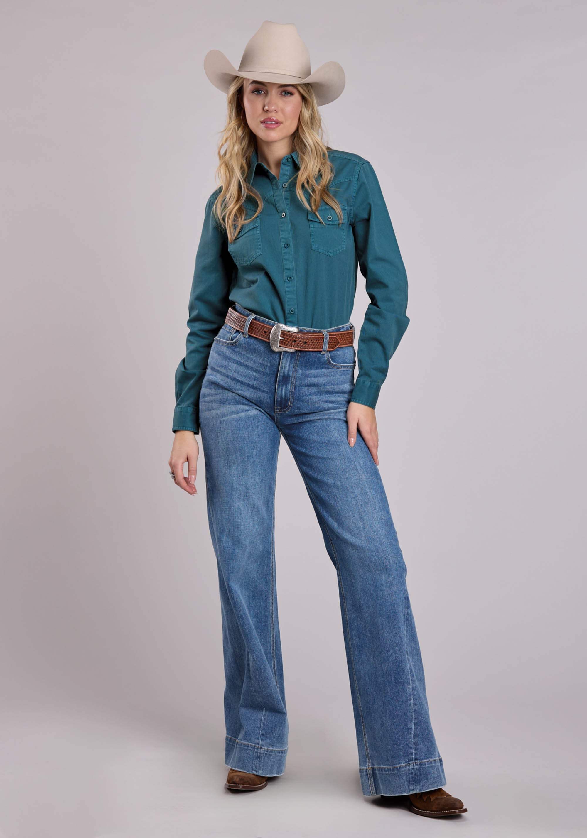 Roper Womens Long Sleeve Button Turquoise Pigment Dyed Shirt Western Shirt - Roper - Flyclothing LLC