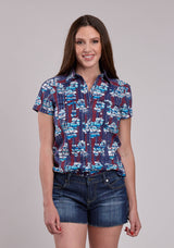 Womens Roper Distressed Tropical Aztec Print Short Sleeve Snap Shirt