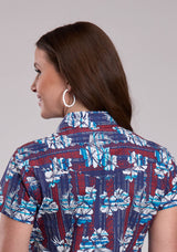 Womens Roper Distressed Tropical Aztec Print Short Sleeve Snap Shirt