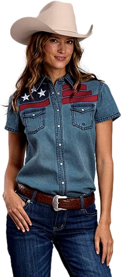 Womens Roper Medium Blue Denim Short Sleeve Snap Flag Shirt