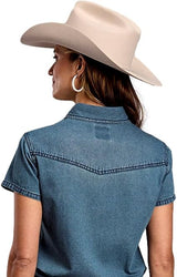 Womens Roper Medium Blue Denim Short Sleeve Snap Flag Shirt