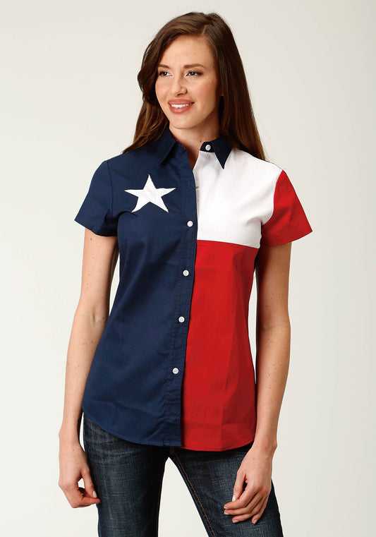 Roper Womens Red White And Blue Pieced Texas Flag Short Sleeve Western Snap Shirt - Roper