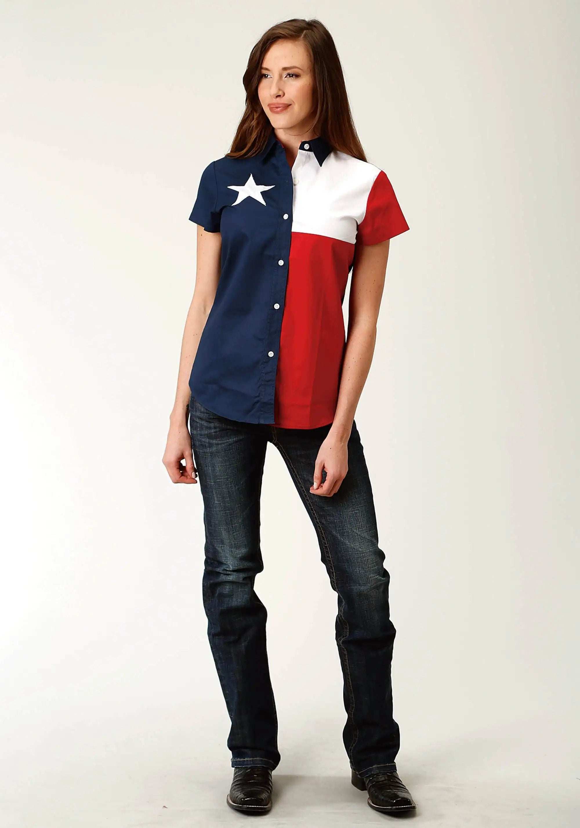 Roper Womens Red White And Blue Pieced Texas Flag Short Sleeve Western Snap Shirt - Roper - Flyclothing LLC