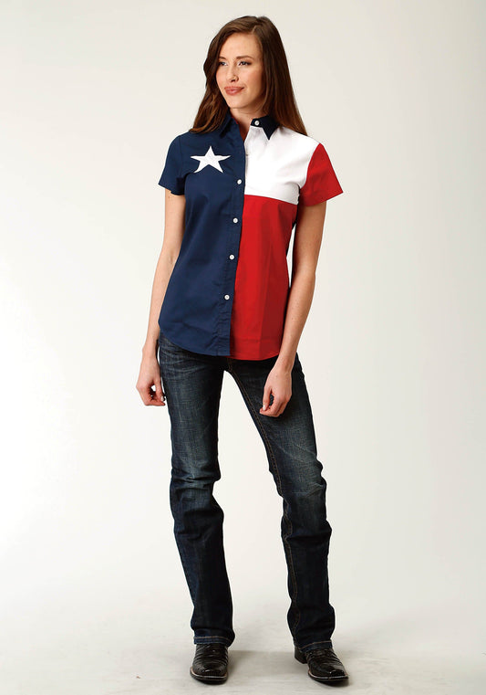 Roper Womens Red White And Blue Pieced Texas Flag Short Sleeve Western Snap Shirt - Roper