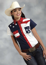 Roper Womens Red White And Blue Colorblocked Pieced Short Sleeve Western Snap Shirt - Roper - Flyclothing LLC