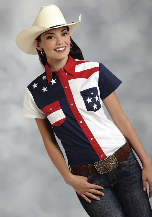 Roper Womens Red White And Blue Colorblocked Pieced Short Sleeve Western Snap Shirt - Roper