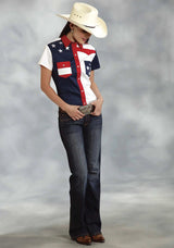 Roper Womens Red White And Blue Colorblocked Pieced Short Sleeve Western Snap Shirt - Roper - Flyclothing LLC