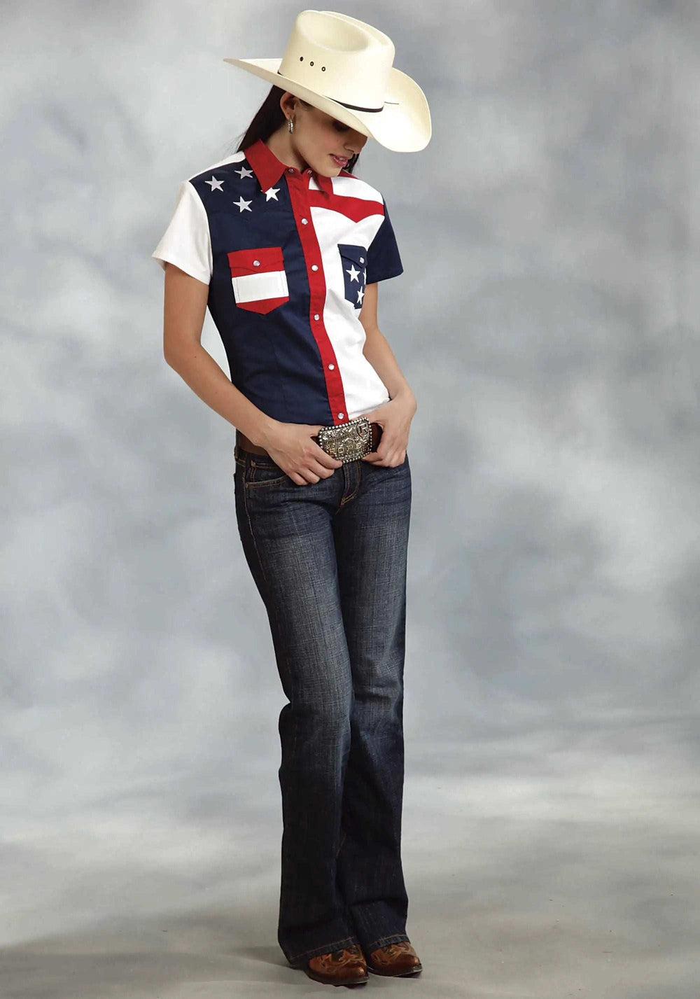 Roper Womens Red White And Blue Colorblocked Pieced Short Sleeve Western Snap Shirt - Roper - Flyclothing LLC