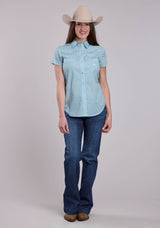 Womens Roper Stretch Four Point Foulard Teal Short Sleeve Snap Shirt