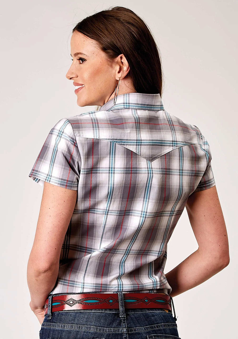 Roper Womens Short Sleeve Snap Gray Cloud Plaid Western Shirt - Roper - Flyclothing LLC