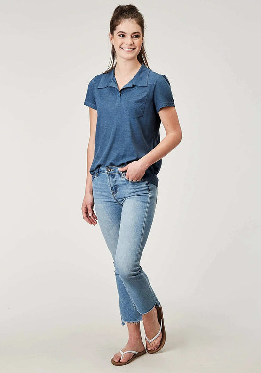 Roper Womens Short Sleeve Button Navy Blue Poly Rayon Short Sleeve Polo Western Shirt With Curved Front And Back Yokes 1 Open Pocket - Roper - Flyclothing LLC