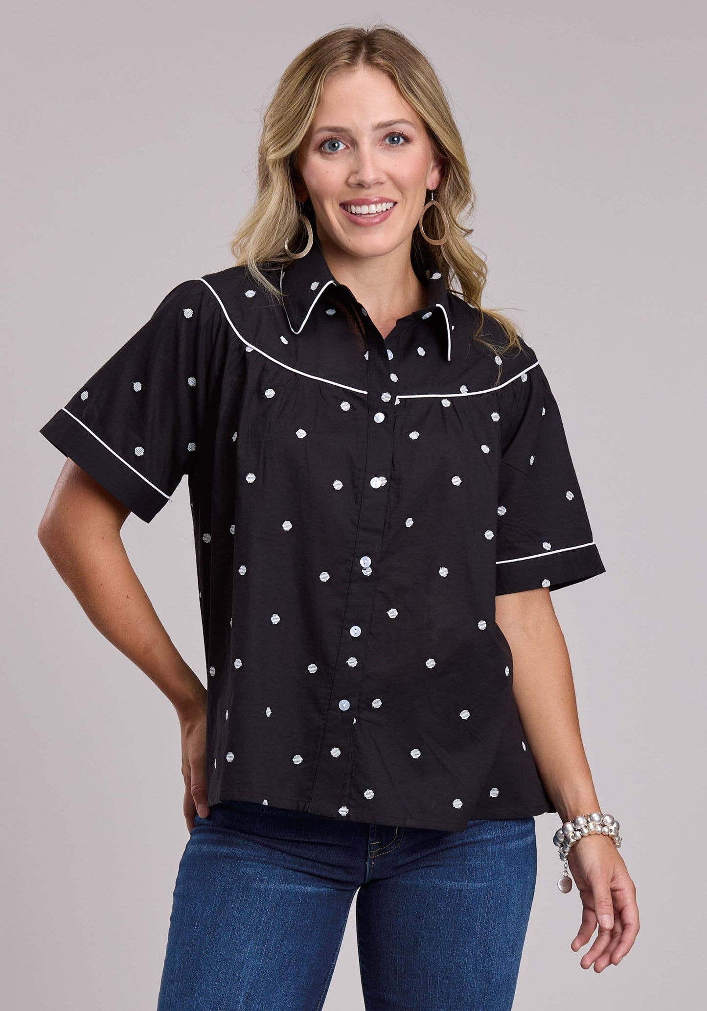 Womens Roper Black Cambric With White Polka Dot Embroidery Short Sleeve But - Roper - Flyclothing LLC