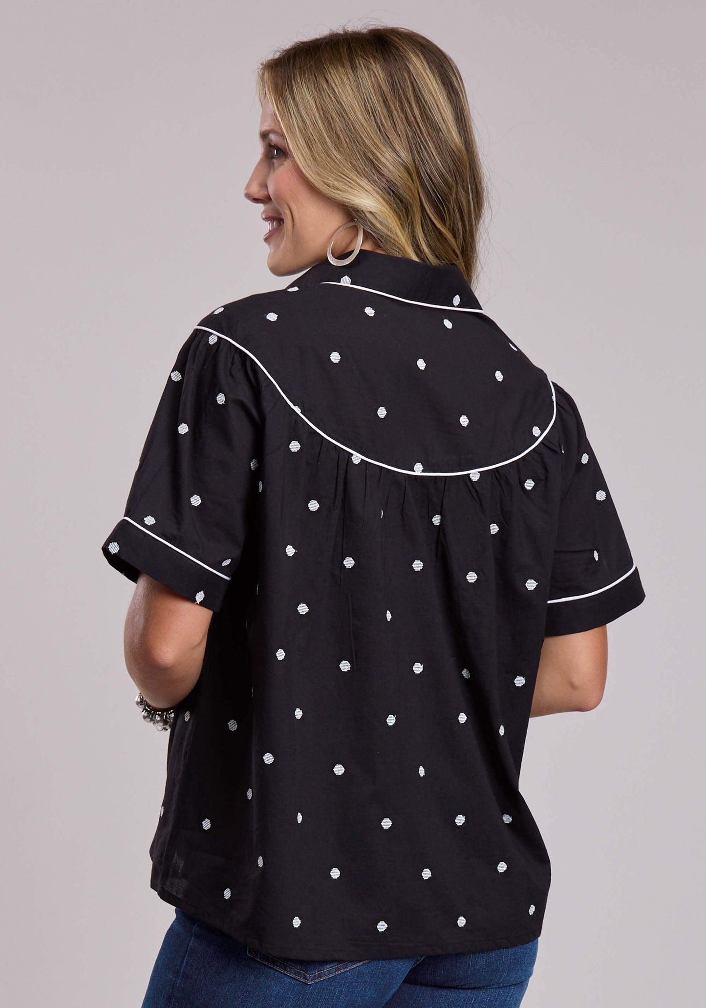 Womens Roper Black Cambric With White Polka Dot Embroidery Short Sleeve But - Roper - Flyclothing LLC