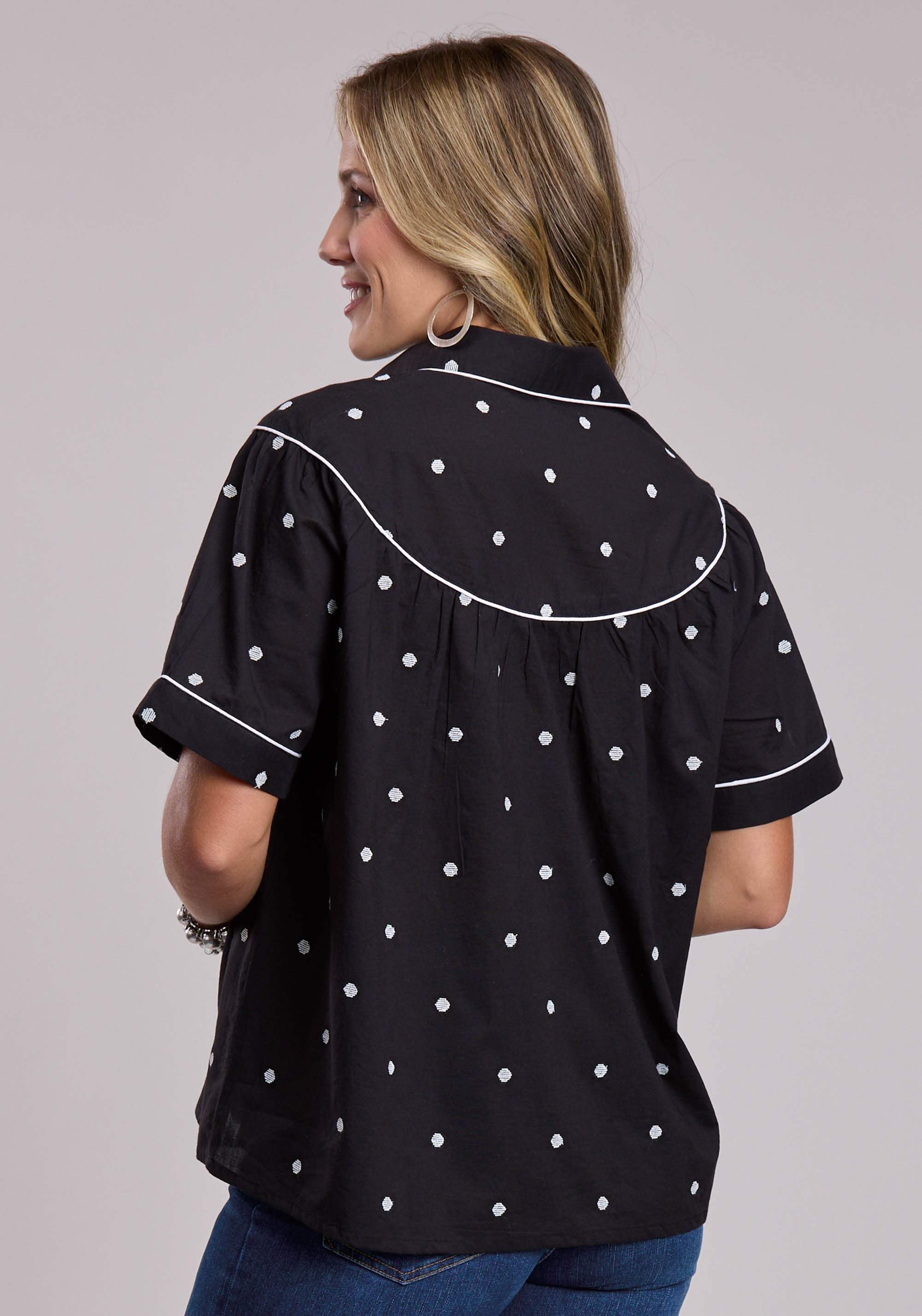 Womens Roper Black Cambric With White Polka Dot Embroidery Short Sleeve But - Roper - Flyclothing LLC