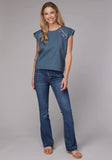 Roper Womens Short Sleeve Pullover Med Blue Denim Short Sleeve Peasant Blouse With Flutter Raglan Sleeves Embroidery - Roper