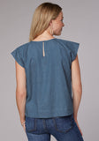Roper Womens Short Sleeve Pullover Med Blue Denim Short Sleeve Peasant Blouse With Flutter Raglan Sleeves Embroidery - Roper