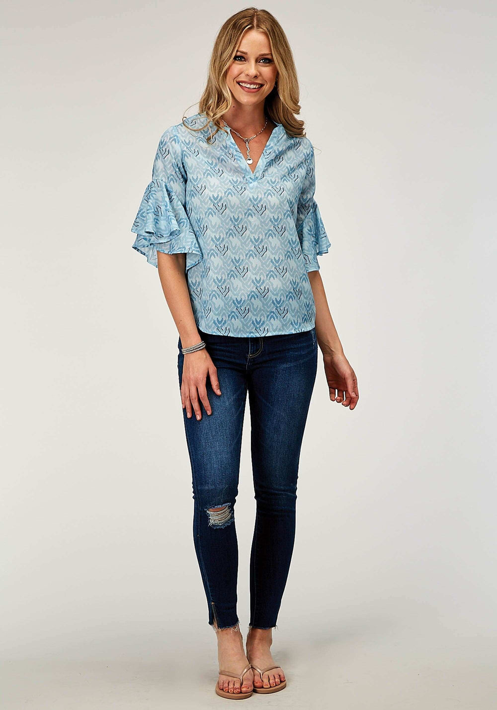 Roper Womens Short Sleeve Pullover Ikat Cheveron Print Poly Blouse With V Neck Placket And Circular Ruffle Cuffs - Roper - Flyclothing LLC