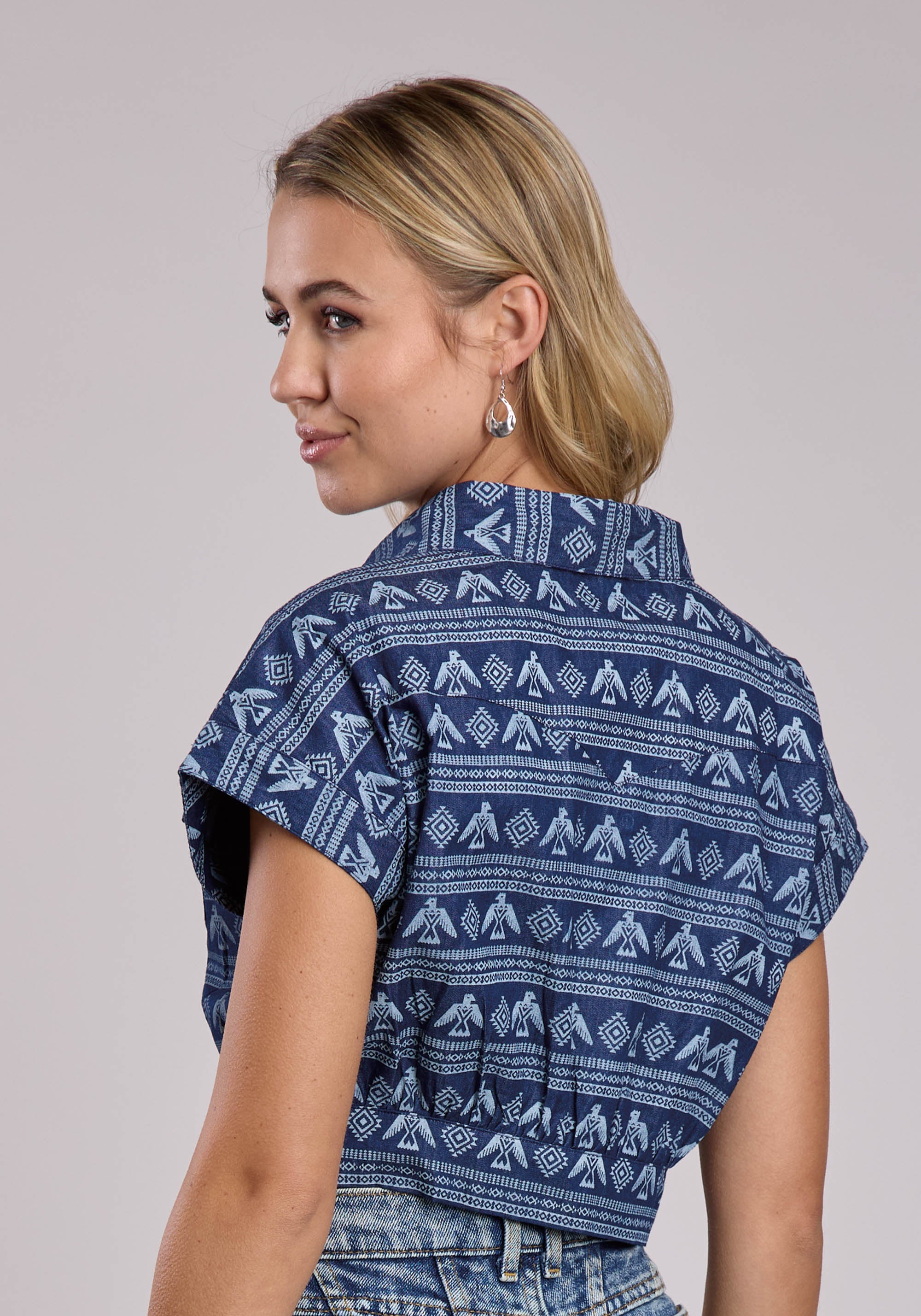 Womens Roper Printed Denim Western Camp Blouse