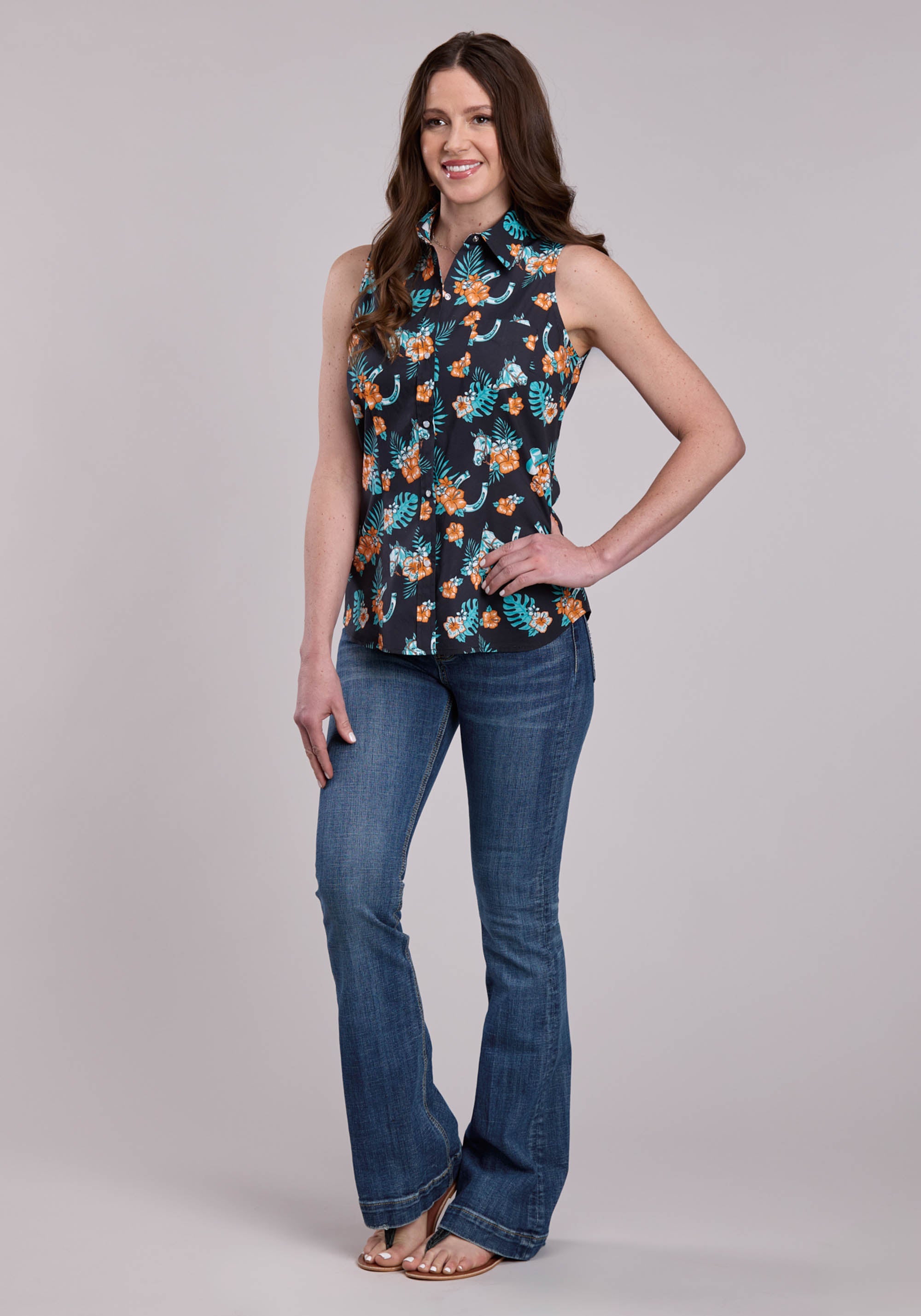 Womens Roper Hawaiian Print Sleeveless Snap Shirt