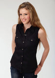 Roper Womens Black Solid Sleeveless Western Snap Shirt - Roper