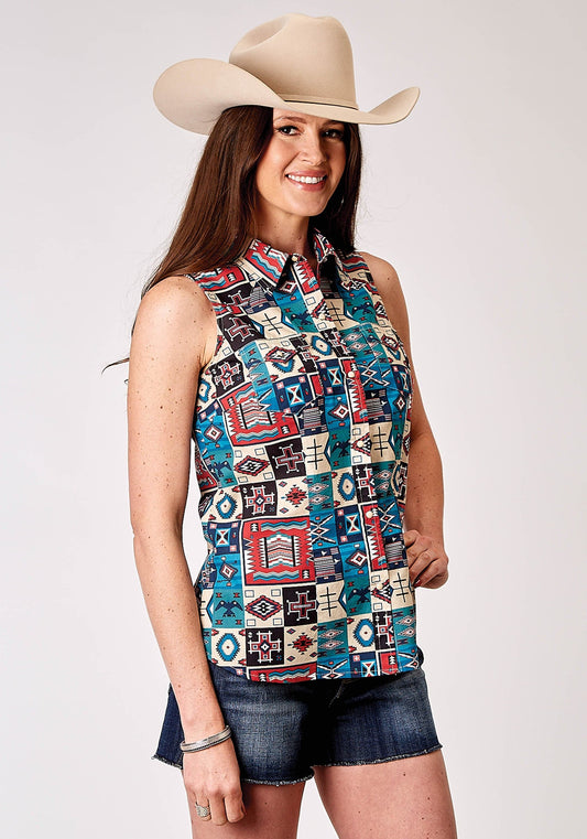 Roper Womens Sleeveless Snap Vintage Patchwork Print Top - Roper