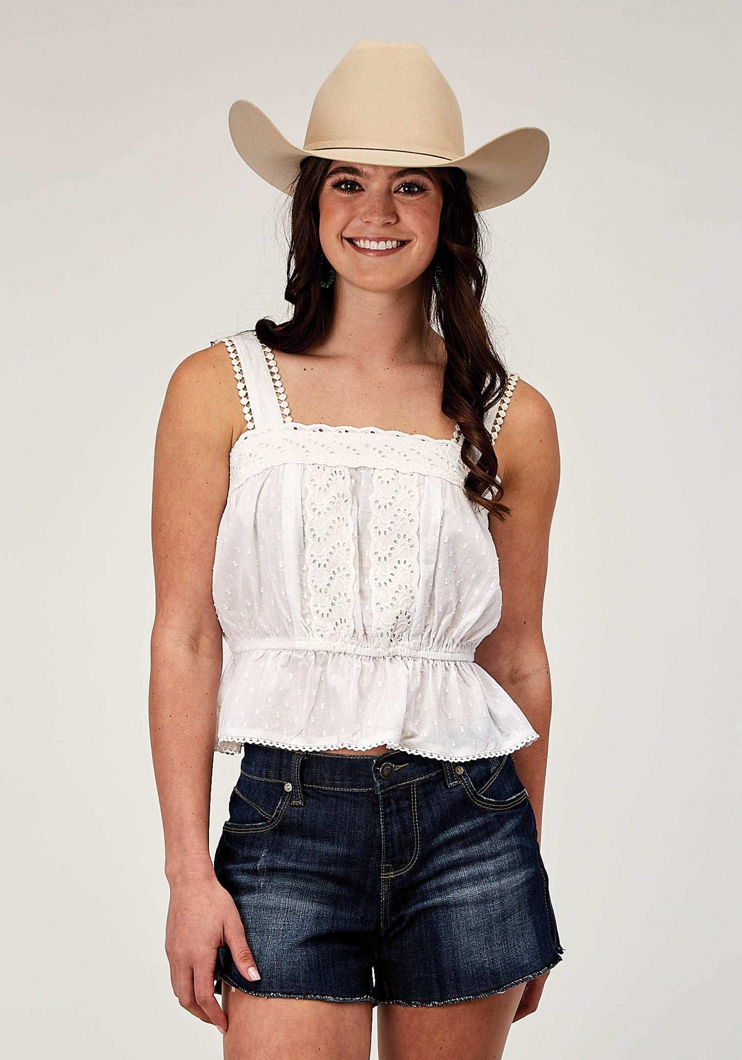 Roper Womens Sleeveless Swiss Dot Cotton Tank Top With Peplum Hemline And Eyelet Trim - Roper - Flyclothing LLC