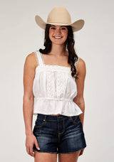 Roper Womens Sleeveless Swiss Dot Cotton Tank Top With Peplum Hemline And Eyelet Trim - Roper - Flyclothing LLC
