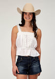 Roper Womens Sleeveless Swiss Dot Cotton Tank Top With Peplum Hemline And Eyelet Trim - Roper