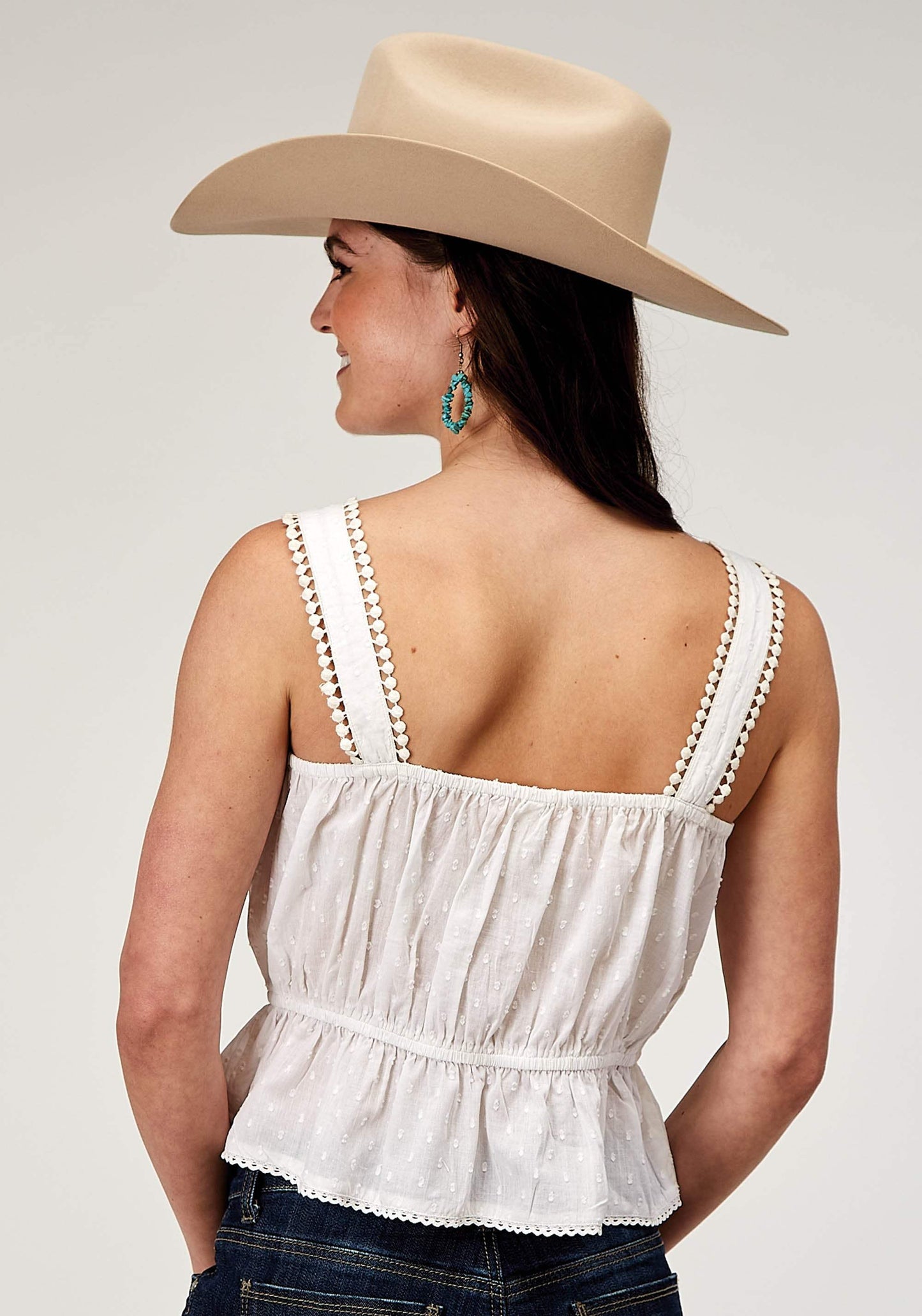 Roper Womens Sleeveless Swiss Dot Cotton Tank Top With Peplum Hemline And Eyelet Trim - Roper - Flyclothing LLC