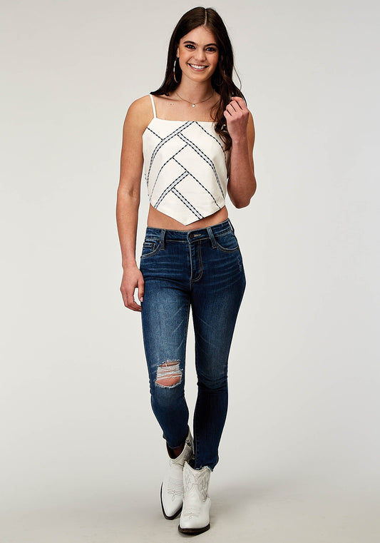 Roper Womens Sleeveless Rayon Flex Cotton Bandanna Tank Top With Adjustable Spaghetti Straps Embroidery Tie In Back - Roper