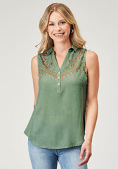 Roper Womens Sleeveless Button Rayon Challis Greenblouse With V Neck And Embroidery - Roper