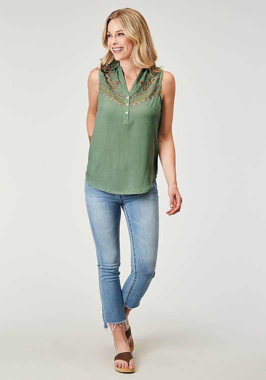 Roper Womens Sleeveless Button Rayon Challis Greenblouse With V Neck And Embroidery - Roper