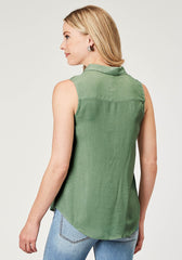 Roper Womens Sleeveless Button Rayon Challis Greenblouse With V Neck And Embroidery - Roper