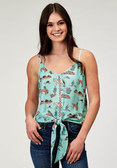 Roper Womens Sleeveless Desert Toile Print Rayon Tank With Spaghetti Strap And Front Tie - Roper