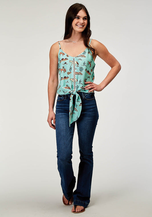 Roper Womens Sleeveless Desert Toile Print Rayon Tank With Spaghetti Strap And Front Tie - Roper