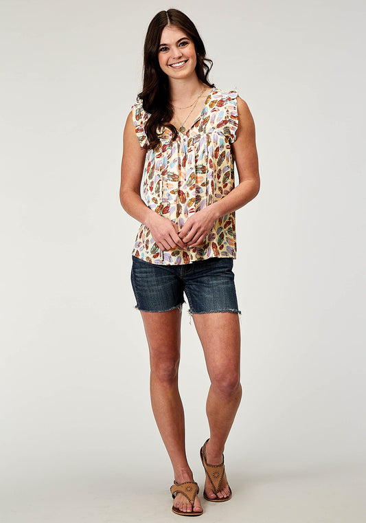 Roper Womens Sleeveless Feather Toss Printed Rayon Tank With Ruffle Sleeve - Roper