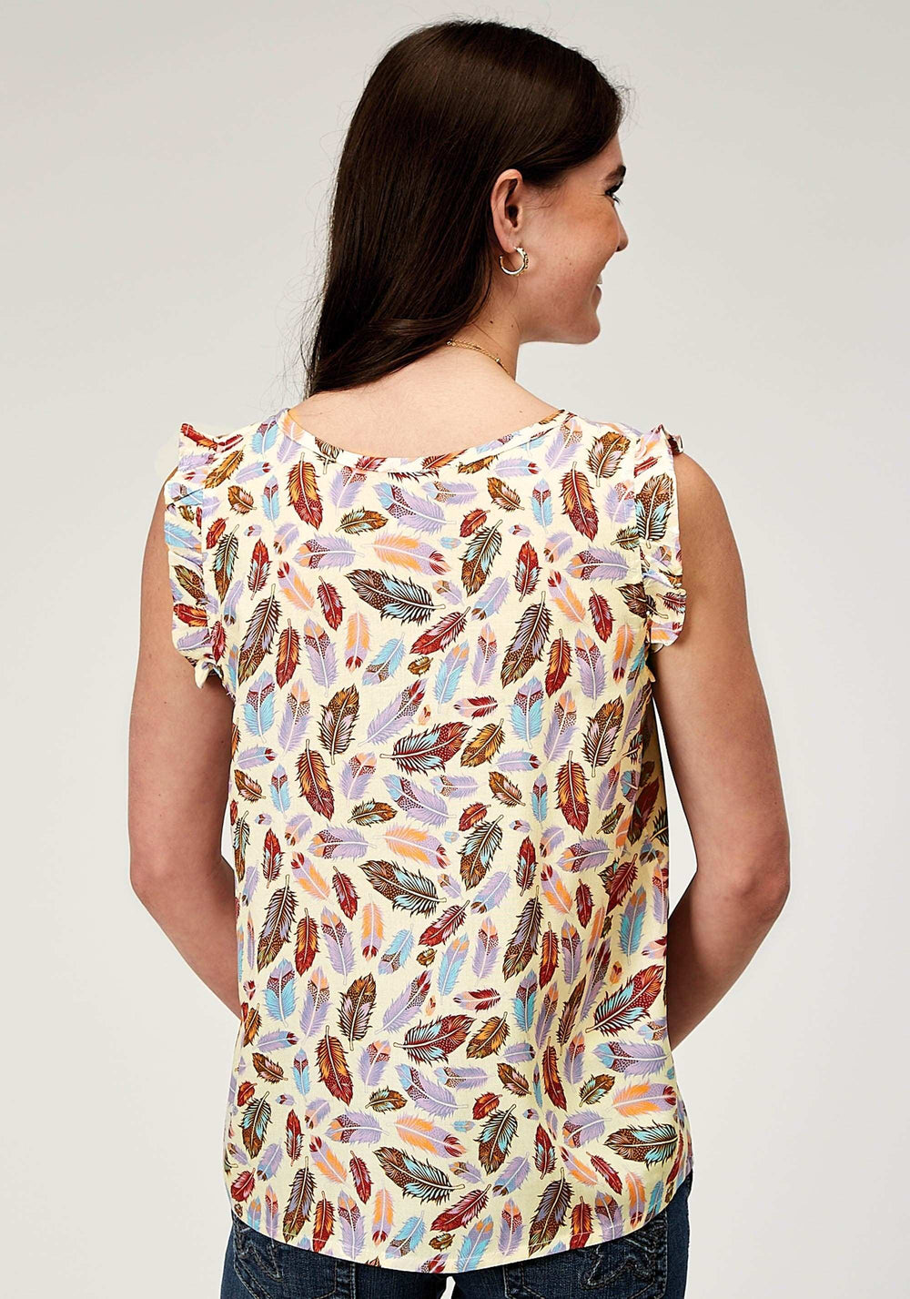Roper Womens Sleeveless Feather Toss Printed Rayon Tank With Ruffle Sleeve - Roper - Flyclothing LLC