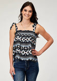 Roper Womens Sleeveless Navy Aztec Printed Rayon Tank With Babydoll Self Ties Shirring - Roper