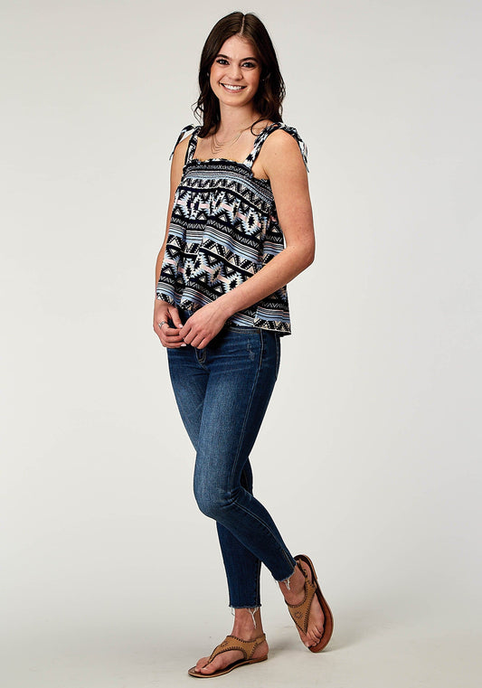 Roper Womens Sleeveless Navy Aztec Printed Rayon Tank With Babydoll Self Ties Shirring - Roper