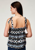 Roper Womens Sleeveless Navy Aztec Printed Rayon Tank With Babydoll Self Ties Shirring - Roper