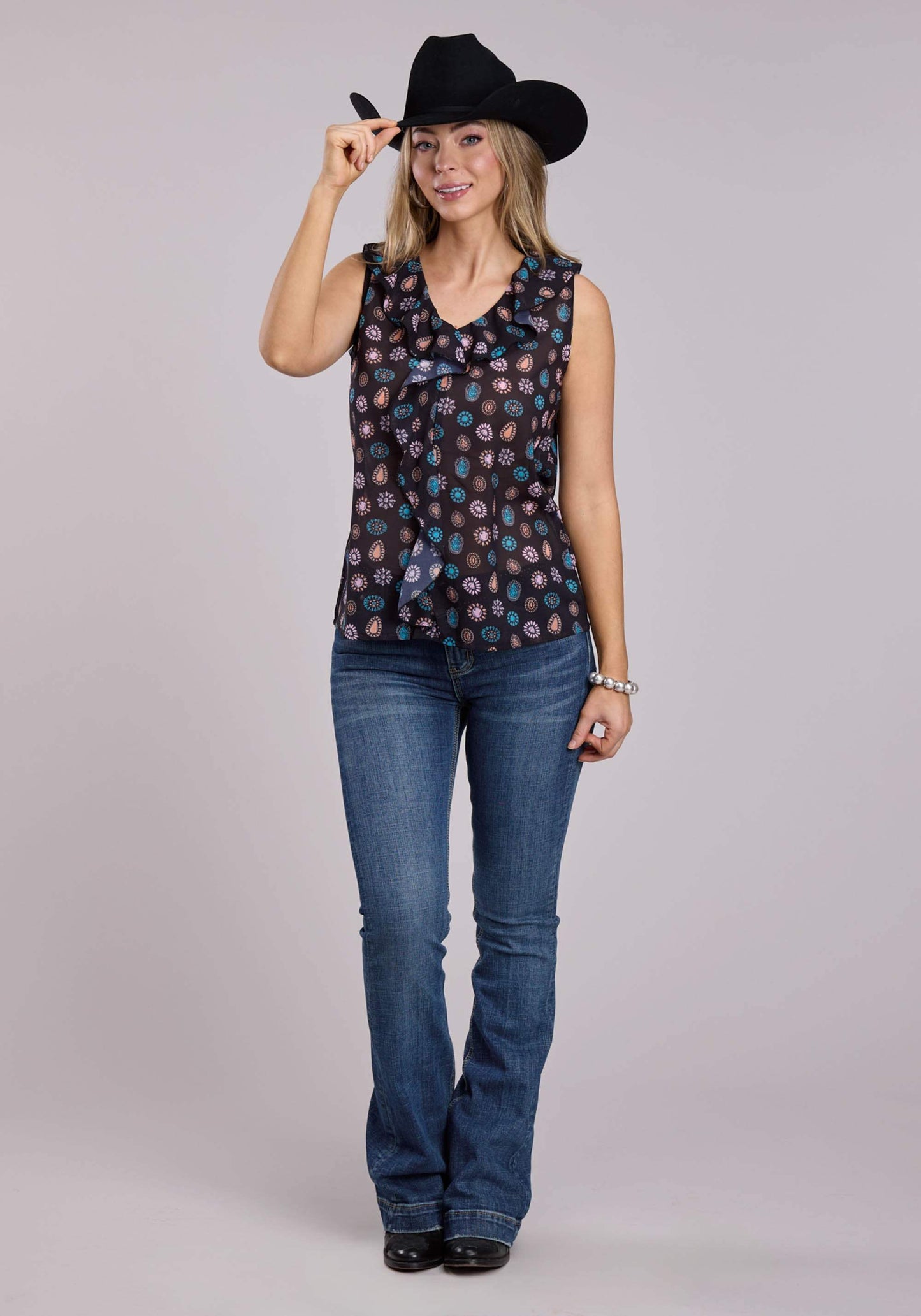 Womens Roper Black Concho Print Sleeveless Tops - Roper - Flyclothing LLC