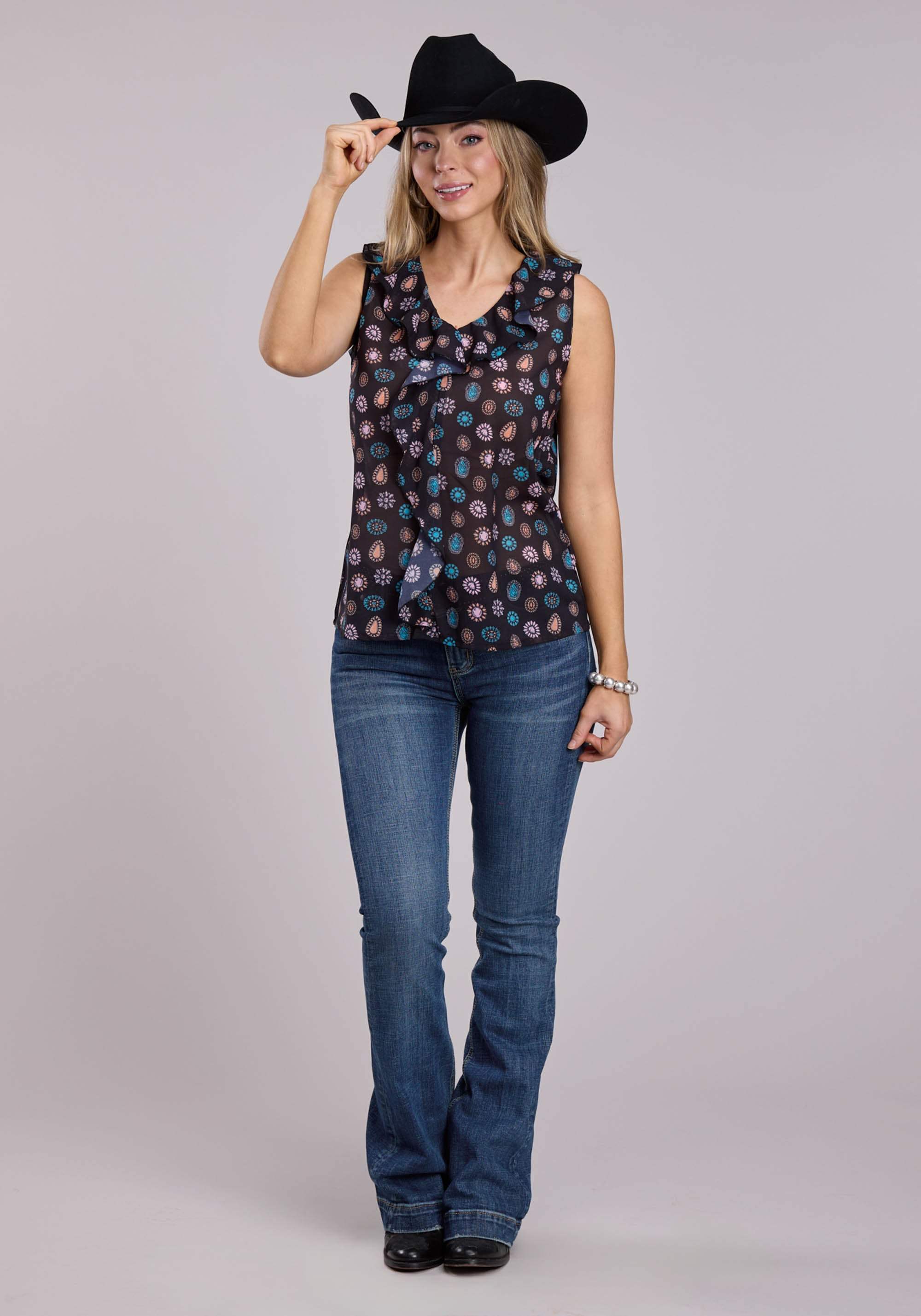 Womens Roper Black Concho Print Sleeveless Tops - Roper - Flyclothing LLC