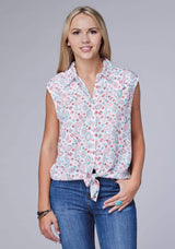 Roper Womens Sleeveless Button Scattered Aztec Printed Rayon Blouse With Retro Tie Front - Roper - Flyclothing LLC