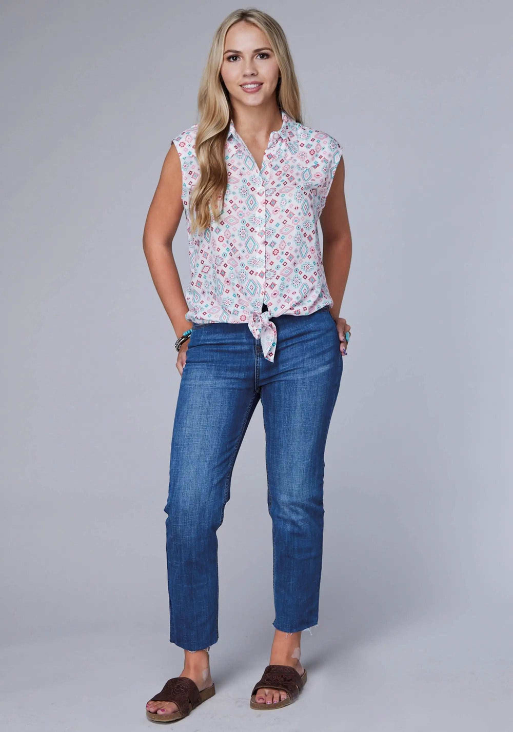 Roper Womens Sleeveless Button Scattered Aztec Printed Rayon Blouse With Retro Tie Front - Roper - Flyclothing LLC