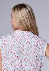 Roper Womens Sleeveless Button Scattered Aztec Printed Rayon Blouse With Retro Tie Front - Roper - Flyclothing LLC
