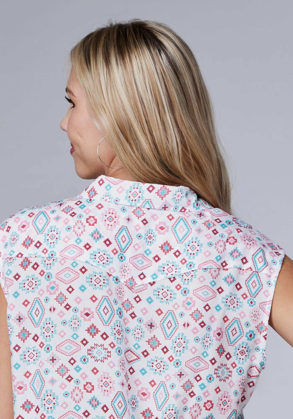 Roper Womens Sleeveless Button Scattered Aztec Printed Rayon Blouse With Retro Tie Front - Roper - Flyclothing LLC