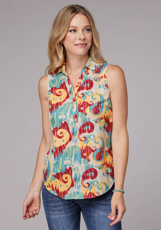 Roper Womens Sleeveless Button Ikat Paisley Print Poly Crepe Blouse - Roper